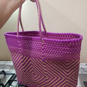 Purple and Tan Woven Tote Bag